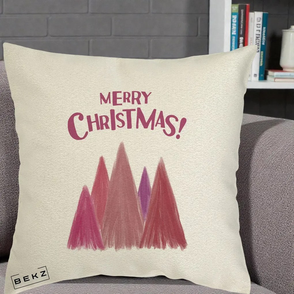 Perna Decorativa Merry Christmas Brazi Roz, 40x40 cm, Ecru, Husa Detasabila, Perna Inclusa, BEKZ®