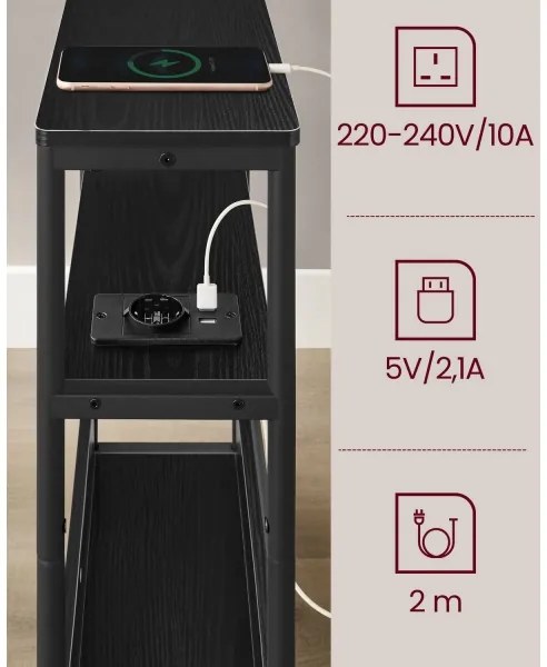 Masă laterală ROD, neagră, cu priză încorporată și porturi USB
