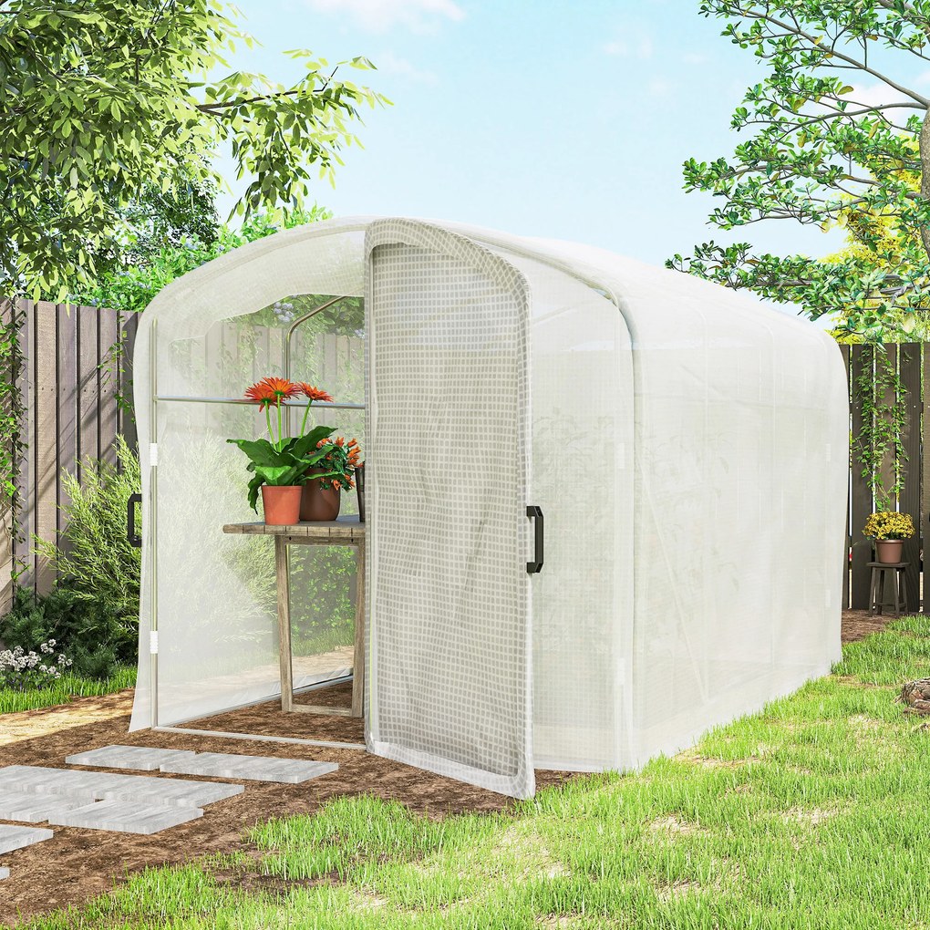 Outsunny Seră tunel de grădină 6m², seră tunel 300x200x195cm folie PE 220 g/m² margini prelungite 50 cm cu ușă alb | Aosom Romania