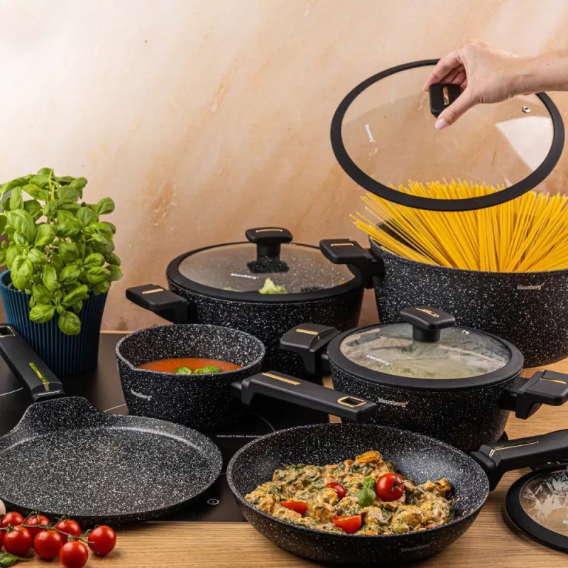 Set de oale și tigăi Klausberg KB 7966, 12 bucăți, Turnat, Acoperire antiaderentă din marmură, Inducție, Negru