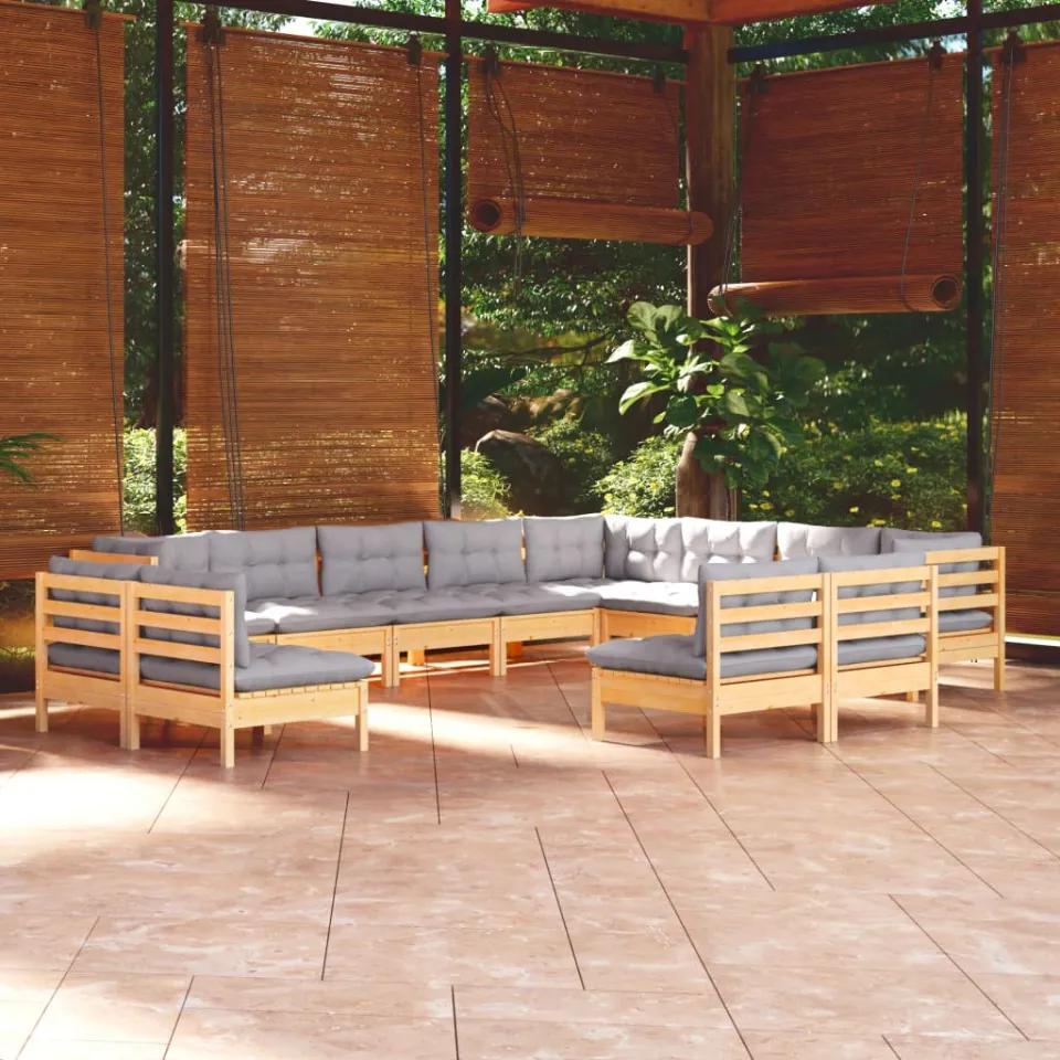 Set mobilier grădină cu perne, 12 piese, gri, lemn masiv pin