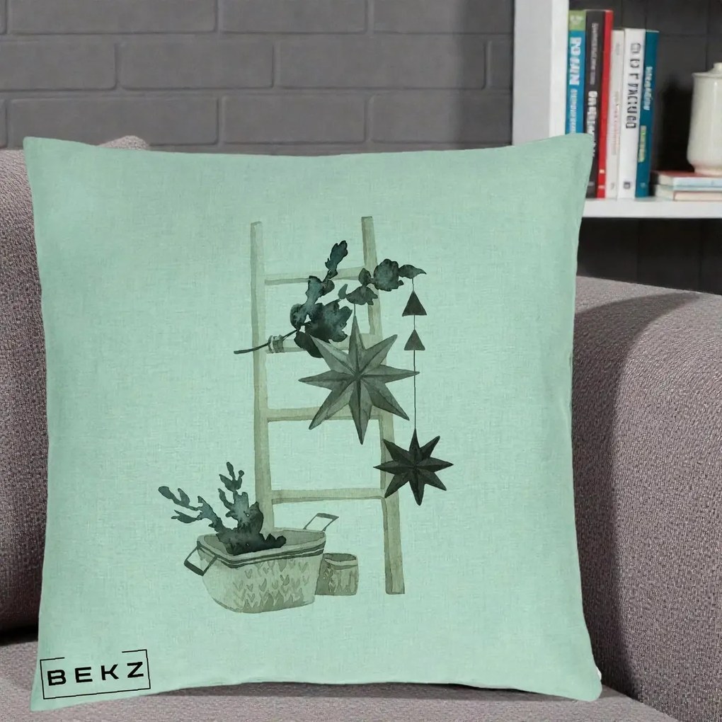 Perna Decorativa Scara Scandinavica cu Stele, 40x40 cm, Verde Menta, Husa Detasabila, Perna Inclusa, BEKZ®