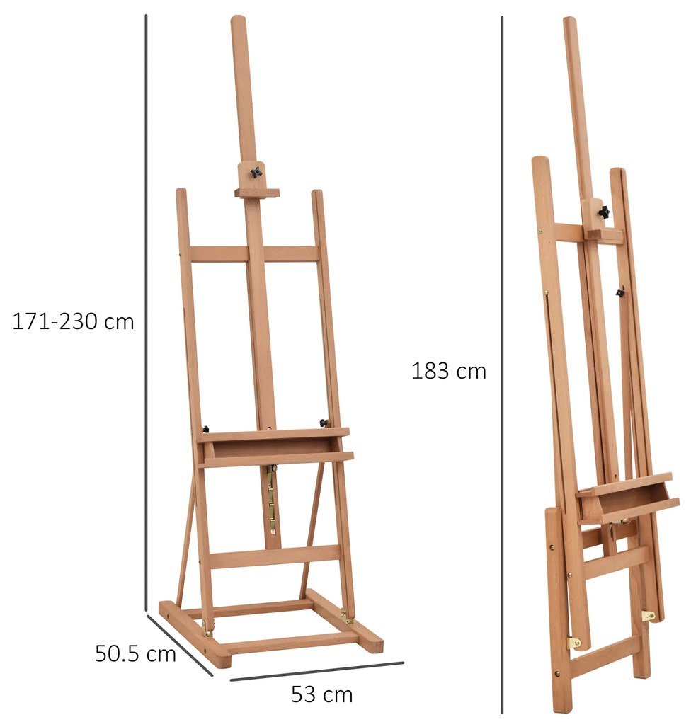 Vinsetto Sevalet Pictura Mare din Lemn de Fag, Sevalet  pentru Desen Reglabil cu Compartiment Depozitare, 53x50.5x171-230cm | Aosom Romania