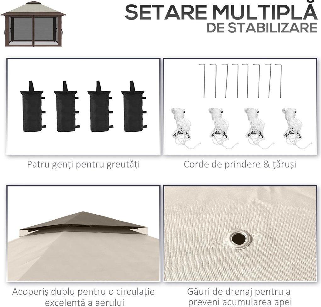 Outsunny Pavilion Pliabil Pop-Up 4x4 m cu Înălțime Reglabilă pe 3 Niveluri, Pavilion de Exterior cu Plasă de Țânțari, Saci de Nisip, Geantă de Transport, UV50+, pentru Grădină, Camping, Petreceri, Bej | Aosom Romania
