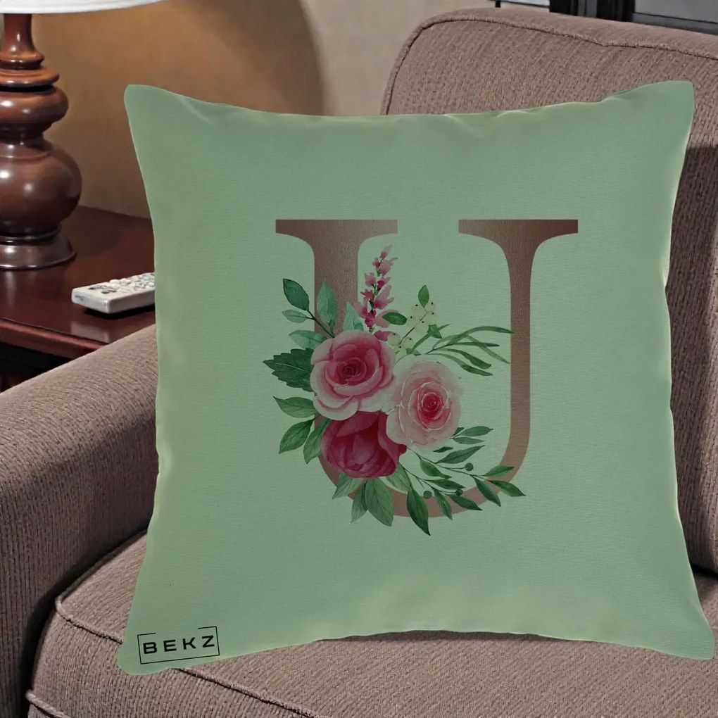 Cadou Personalizat - Perna Personalizata Monograma Rose Gold Litera U, 40x40 cm, Verde, Husa Detasabila, Perna Inclusa, BEKZ®