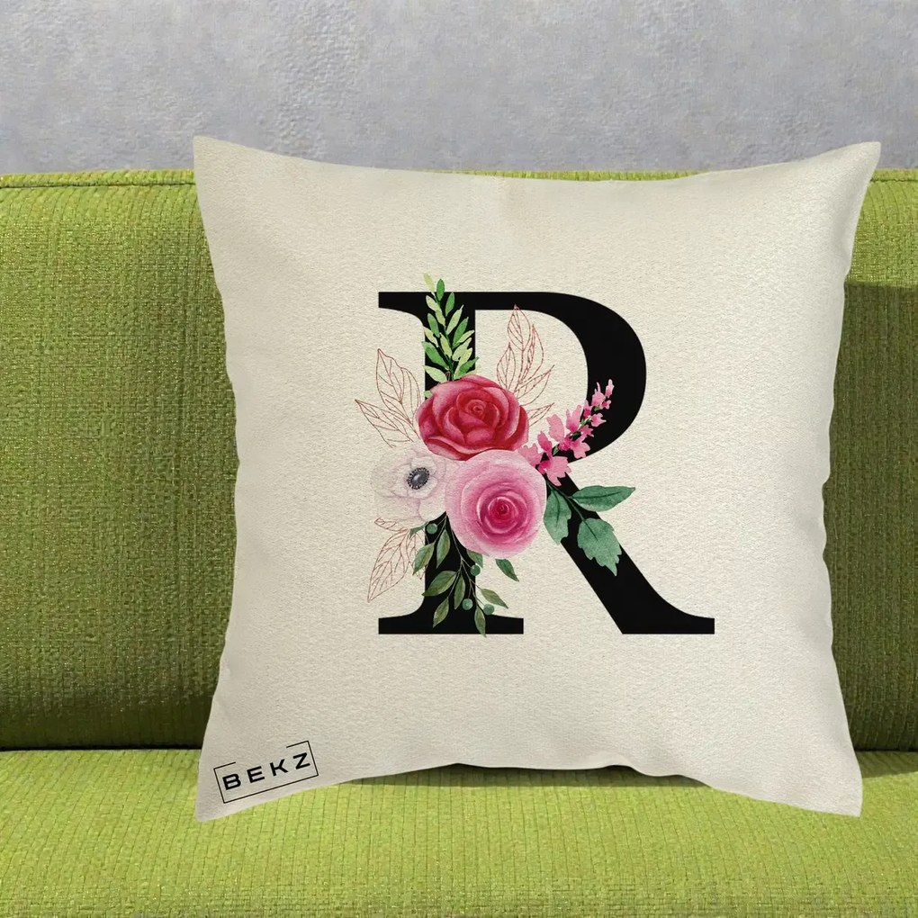 Cadou Personalizat - Perna Personalizata Monograma Florala Litera R, 40x40 cm, Ecru, Husa Detasabila, Perna Inclusa, BEKZ®