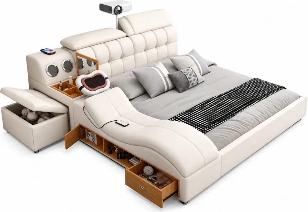 MOBLUX99 Utility 160x200 cm Beige Right Chaise – Pat Inteligent Premium cu Proiector, Vibromasaj, Boxe Bluetooth, Încărcare Wireless și Spații Multiple de Depozitare