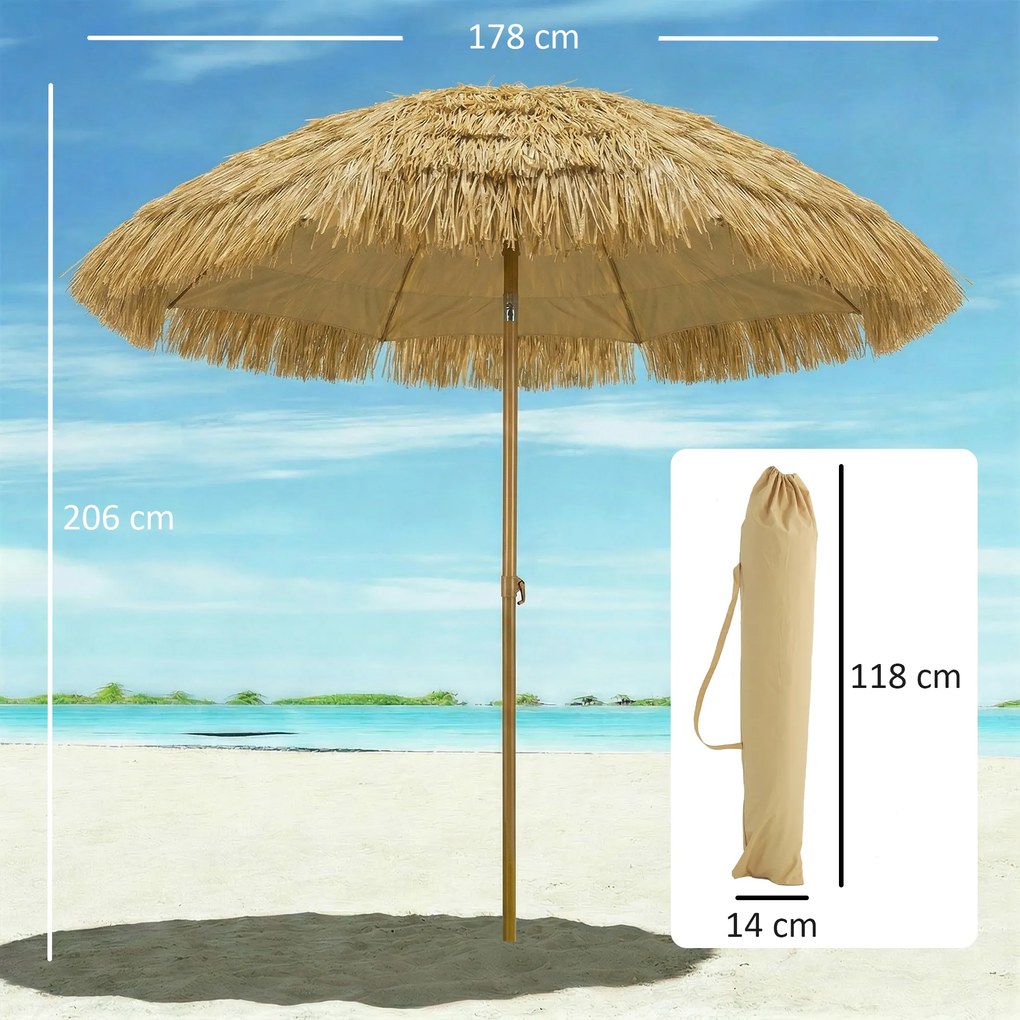 Outsunny Umbrelă de plajă cu franjuri din paie Ø178 cm cu înclinare înălțime reglabilă UV50+ husă de transport Maro Deschis | Aosom Romania