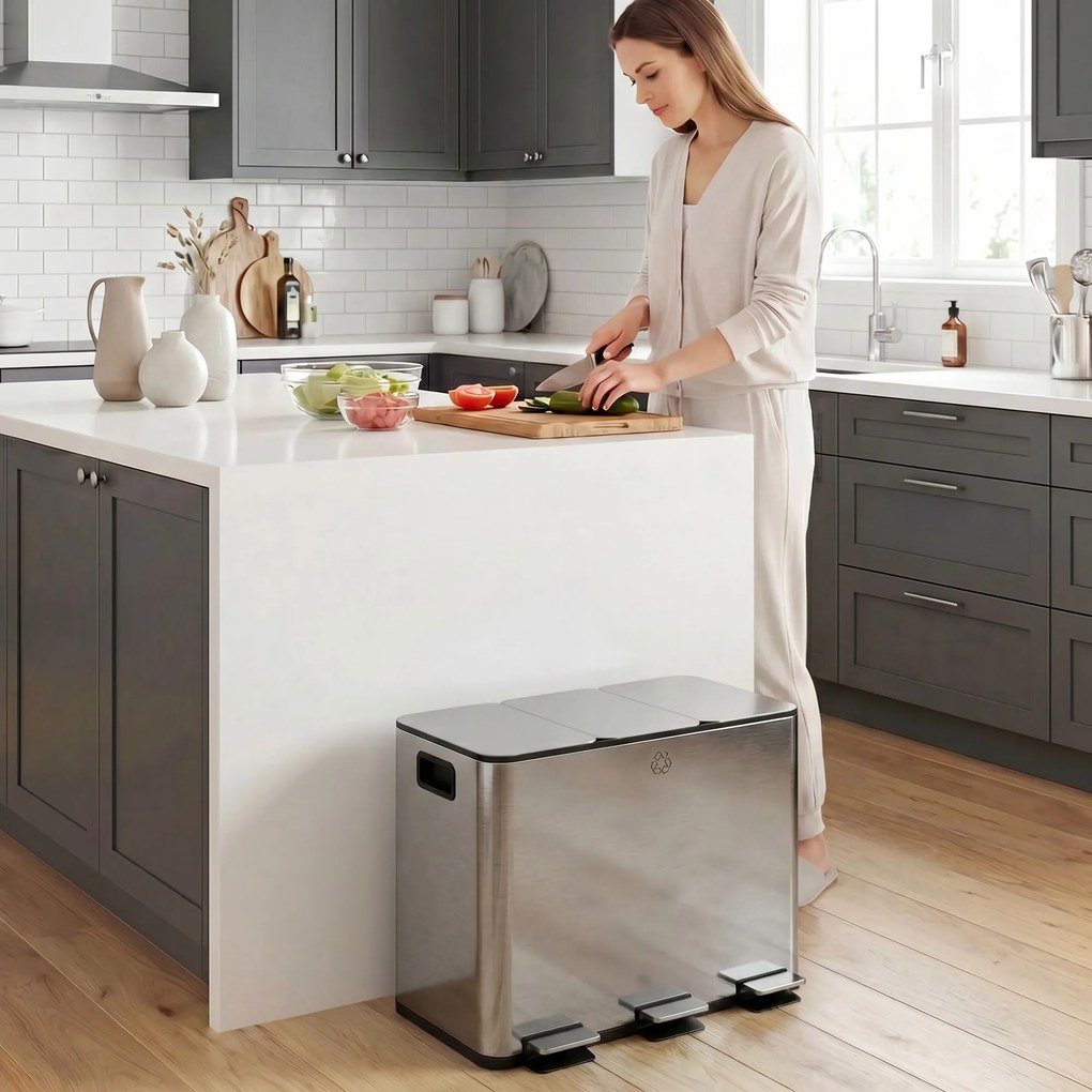 HOMCOM Coș de Gunoi cu 3 Compartimente de 20L cu Închidere Silențioasă, din Oțel Inoxidabil și PP, 61.9x36.6x56.7 cm | Aosom Romania