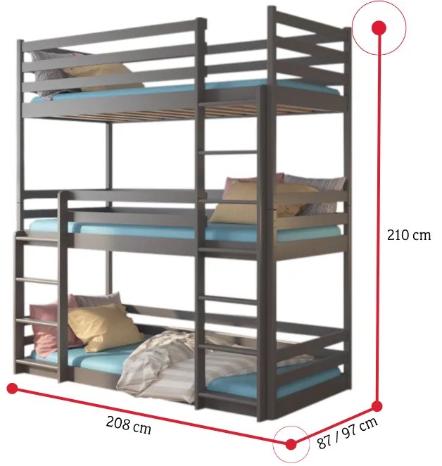 Supermobel Pat supraetajat pentru copii TEDRO + 3x saltea, 80x180, galben
