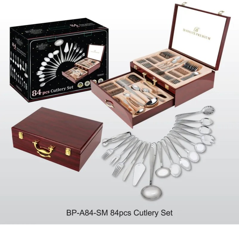 Set tacamuri Bohmann BH-BP A84-SM, 84 buc., Cutie din lemn, Inox