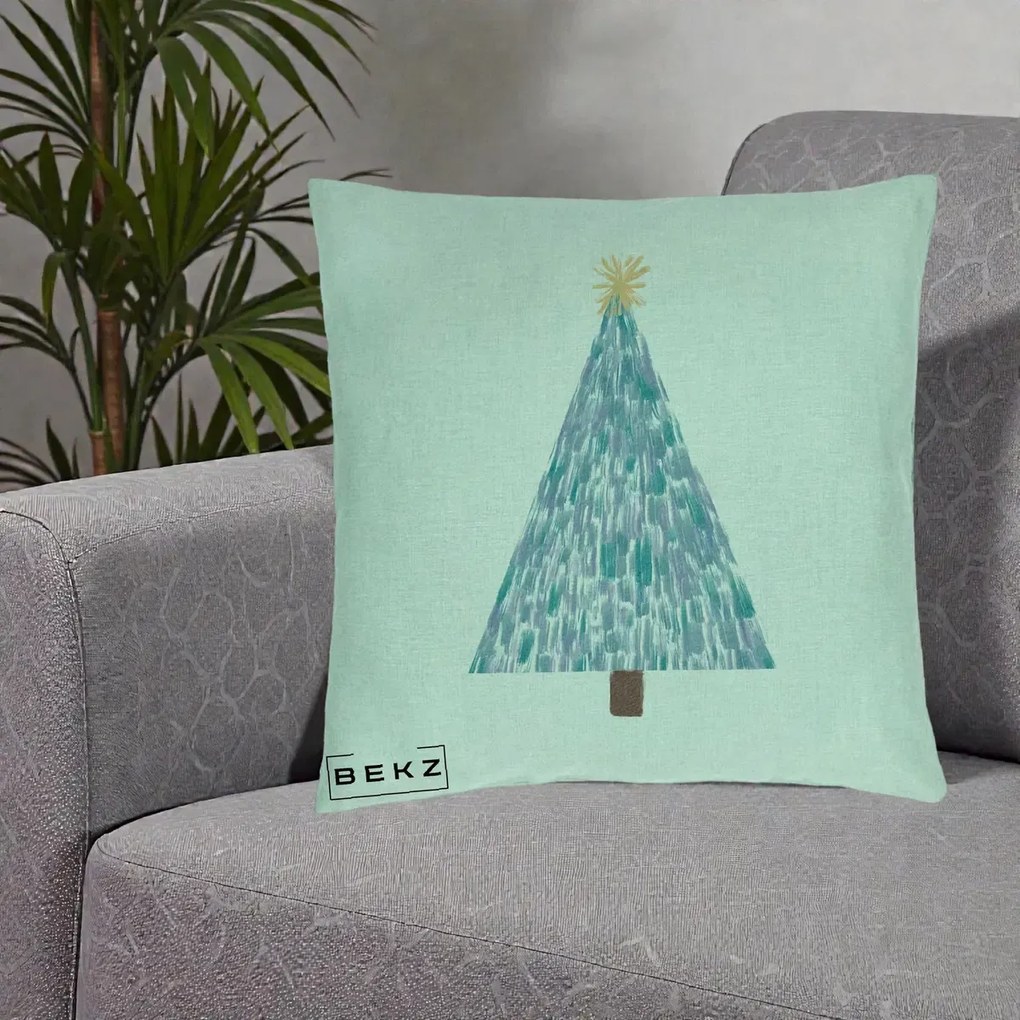 Perna Decorativa Brad de Craciun Acrilic Albastru, 40x40 cm, Verde Menta, Husa Detasabila, Perna Inclusa, BEKZ®