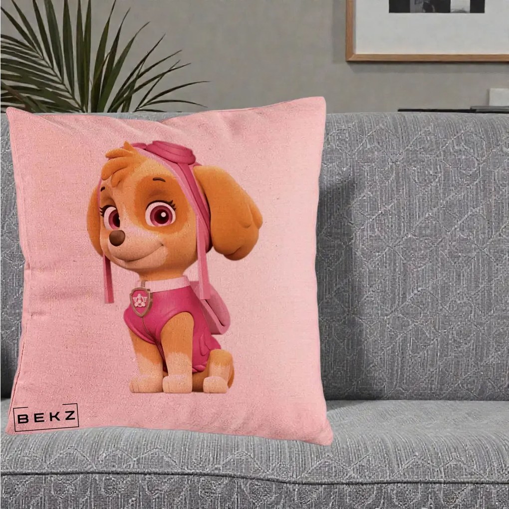 Perna Personalizata Skye PAW Patrol Roz, 40x40 cm, Roz, Husa Detasabila, Perna Inclusa, BEKZ®