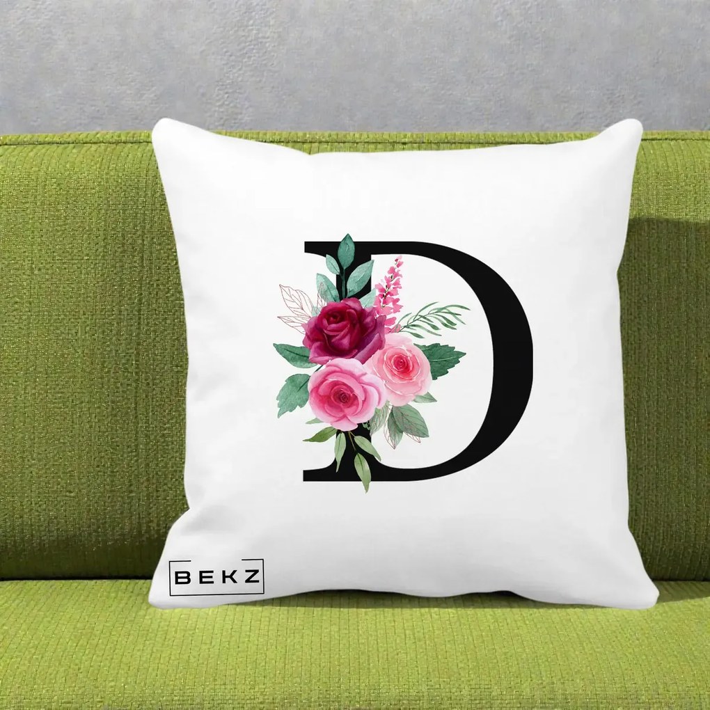 Cadou Personalizat - Perna Personalizata Monograma Florala Litera D, 40x40 cm, Alba Mata, Husa Detasabila, Perna Inclusa, BEKZ®
