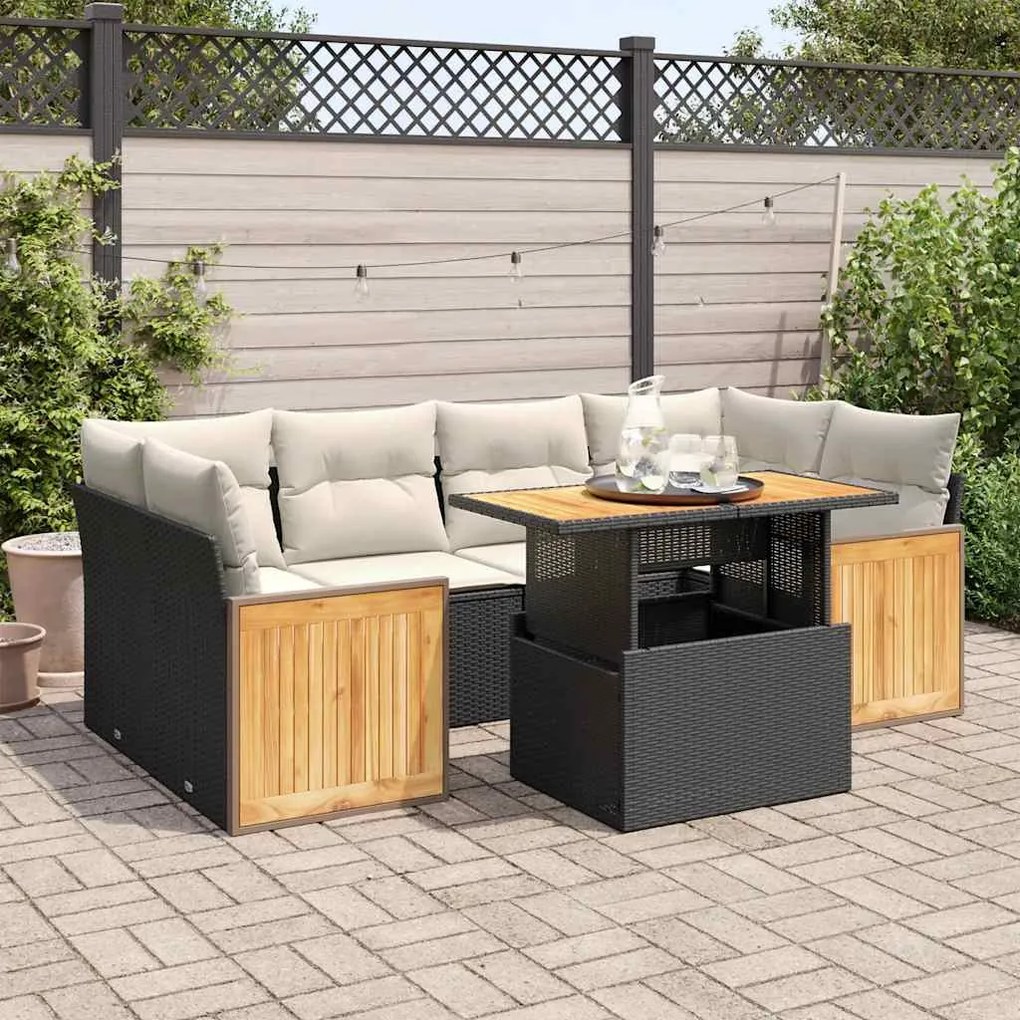 vidaXL Set canapele grădină perne 7 piese negru, poliratan/lemn acacia