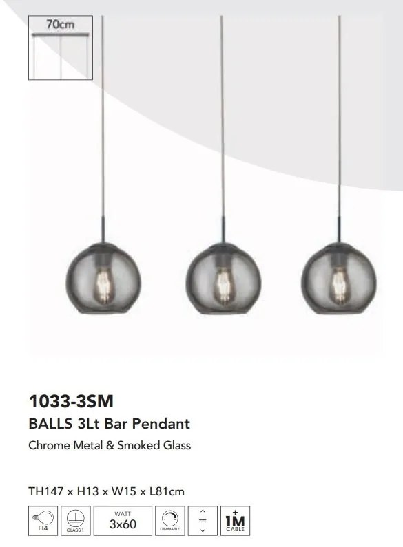 Lustra cu 3 pendule din sticla fumurie Balls