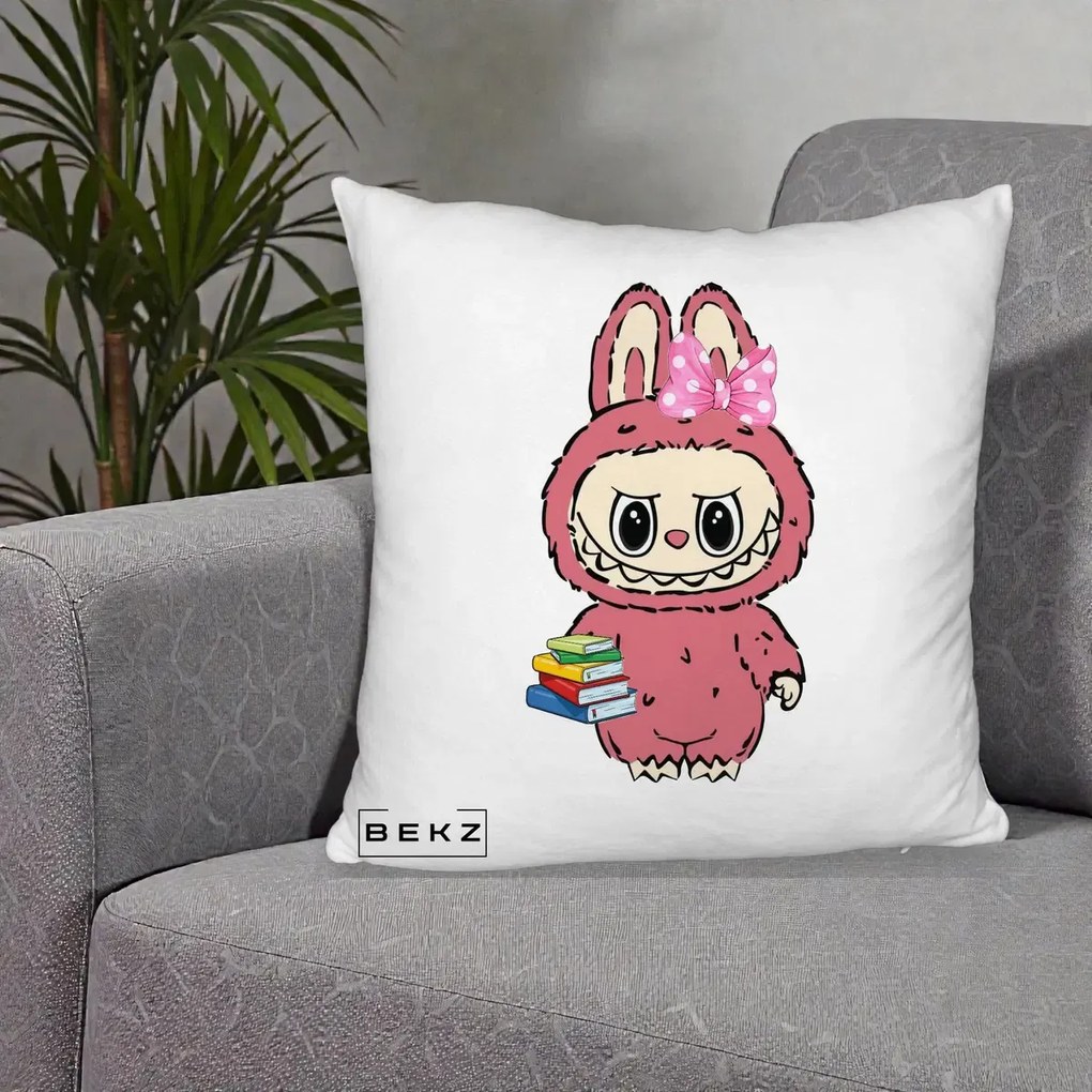 Perna Personalizata Labubu Roz cu Funda si Carti, 40x40 cm, Alb Pufos, Husa Detasabila, Perna Inclusa, BEKZ®