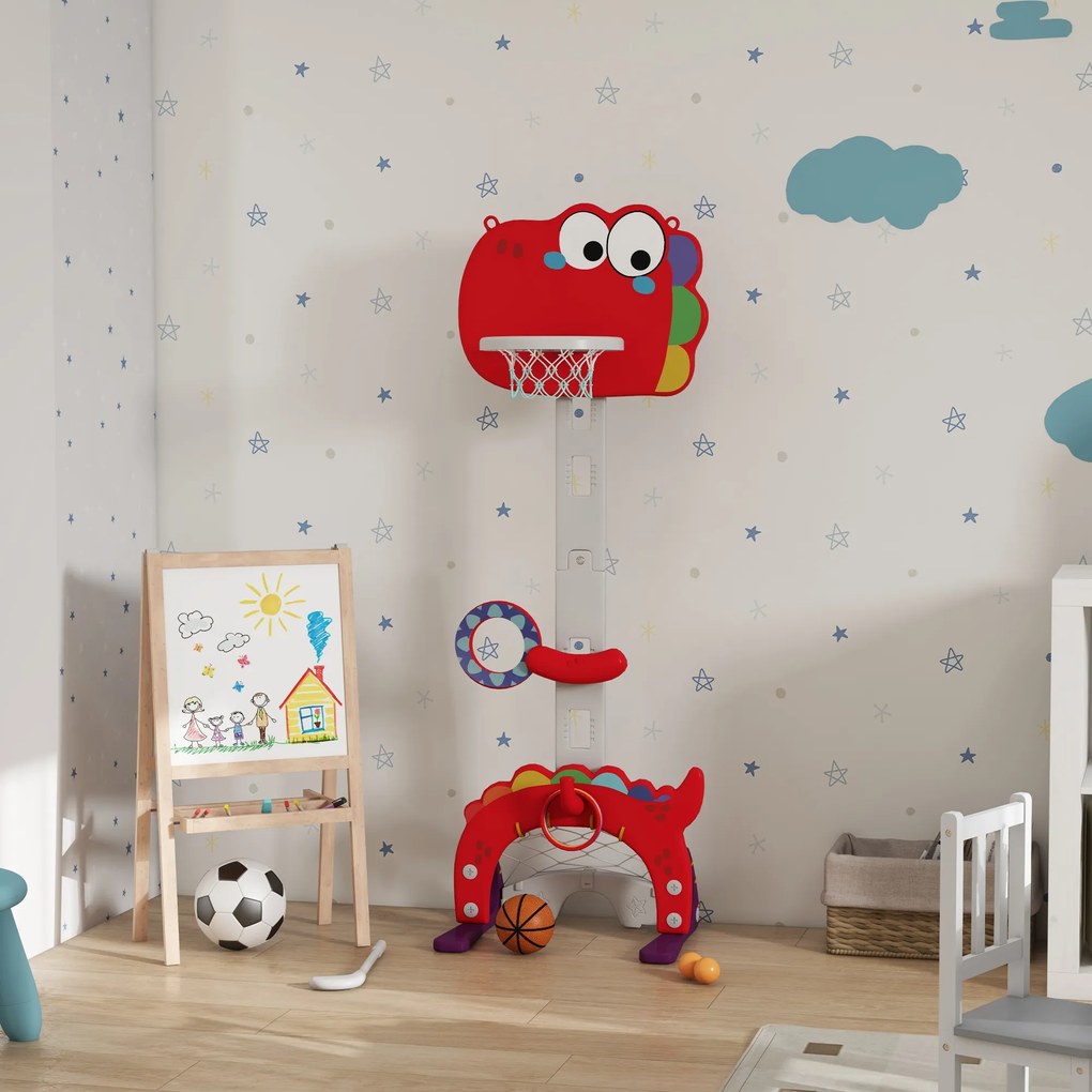 AIYAPLAY Cerc de Baschet pentru Copii, Înălțime Reglabilă, Set de Baschet 5 în 1 cu Fotbal, Golf, Lasou, 46x51x134-152 cm, Roșu | Aosom Romania