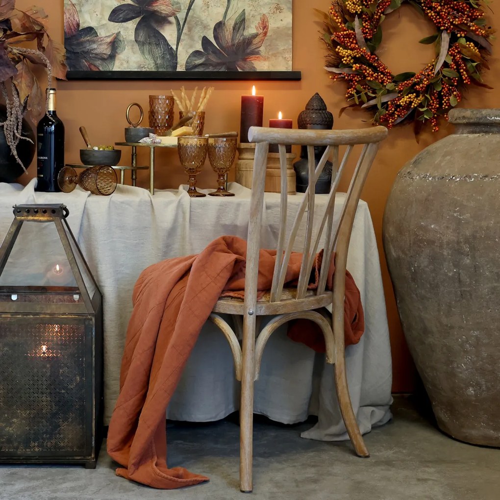 Scaun dining bej din lemn de cauciuc, rattan si rachita, cu aspect vintage, French
