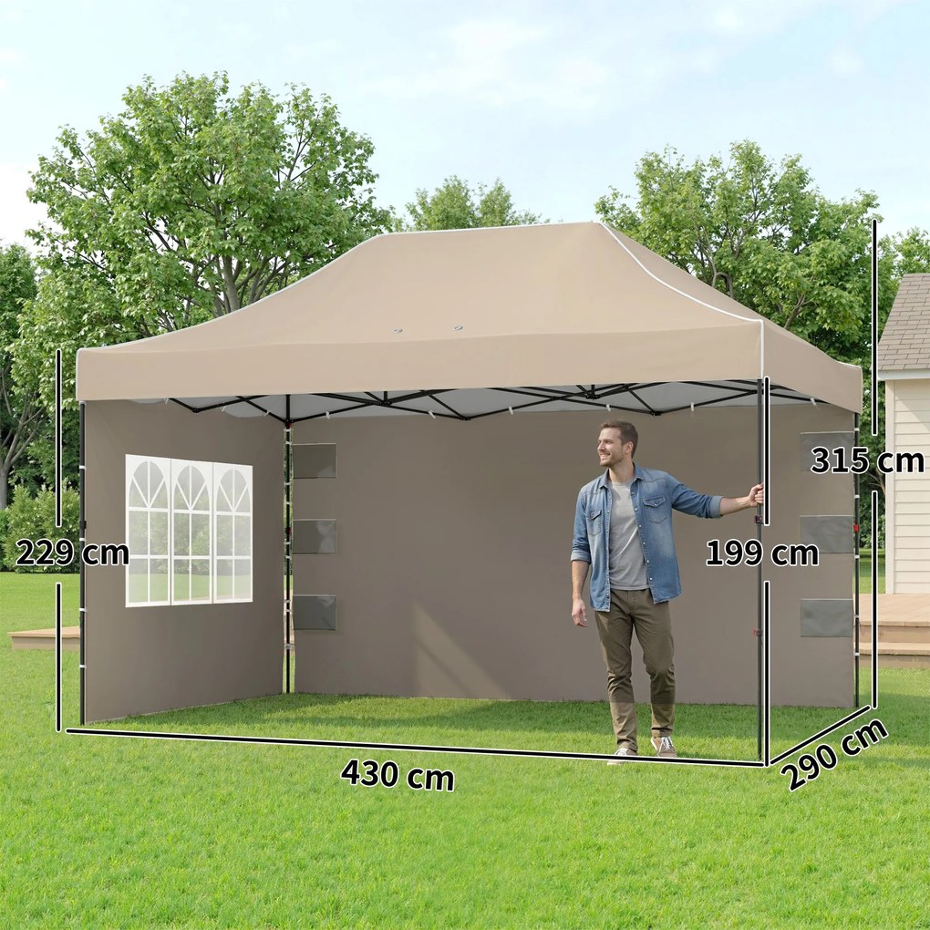 Outsunny Pavilion 3x4,3m, Acoperiș UPF50+, Pereți, Geantă cu Roți, Tenda Grădină, Maro Nisipiu | Aosom Romania