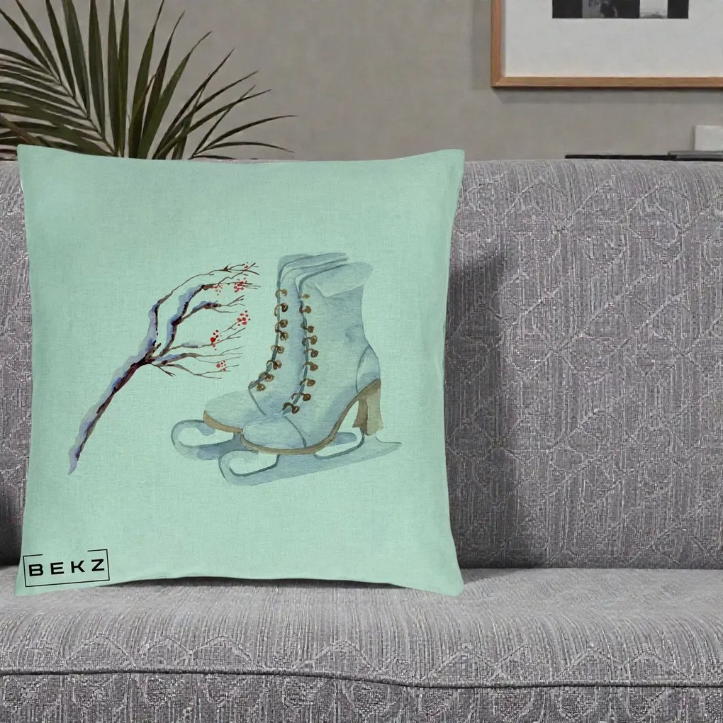 Perna Decorativa Patine cu Ramuri Inzapezite, 40x40 cm, Verde Menta, Husa Detasabila, Perna Inclusa, BEKZ®