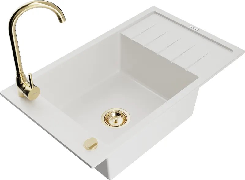 Mexen Elias chiuvetă de granit cu 1 cuvă cu picurător și baterie de bucătărie Telma, alb - 6511-20-670200-50