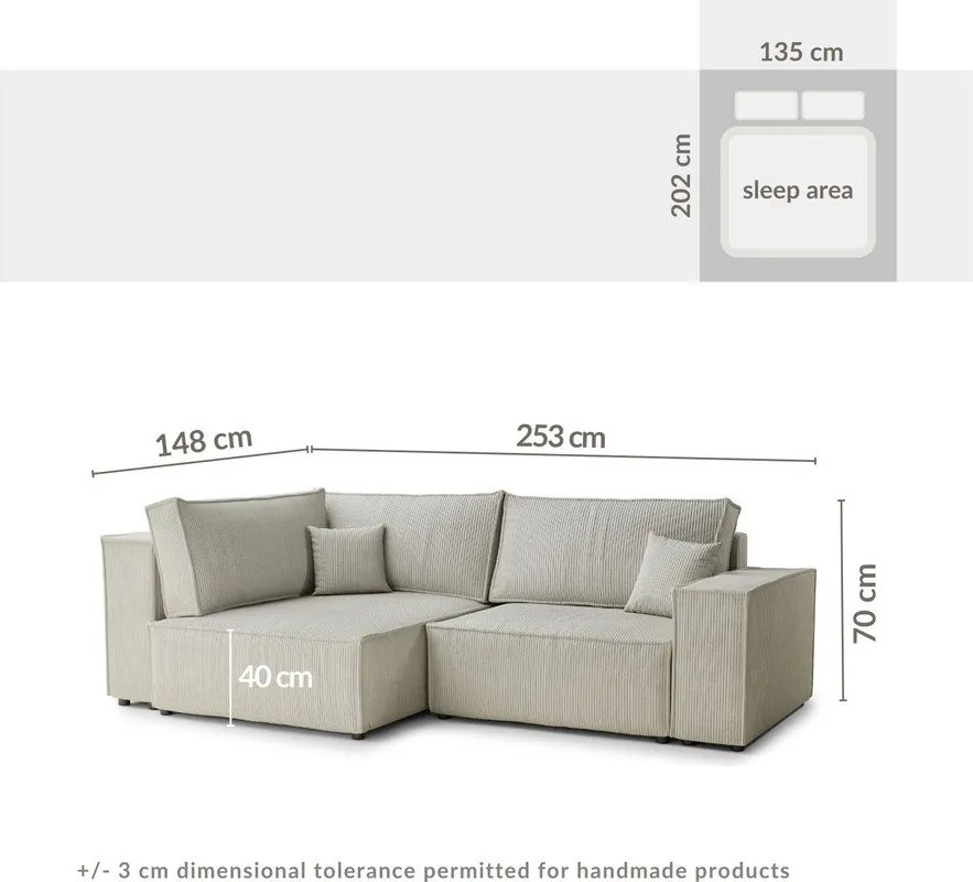 Colțar mov extensibil/cu spațiu de depozitare cu tapițerie din catifea reiată (cu colț pe partea stângă/în formă de ”L”) Tonga – Maison de Rêve