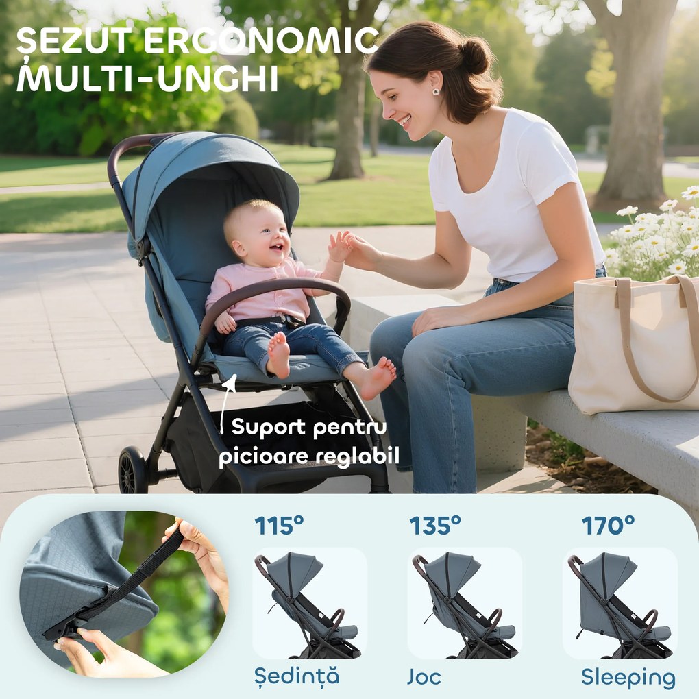 AIYAPLAY Cărucior Ușor 6.3kg pentru Copii 0-3 Ani Pliabil cu o Mână, Cărucior Compact Reclinabil cu Copertină și Suport pentru Picioare Reglabil, Roți și Coș de Depozitare, Până la 15 kg, Albastru | Aosom Romania