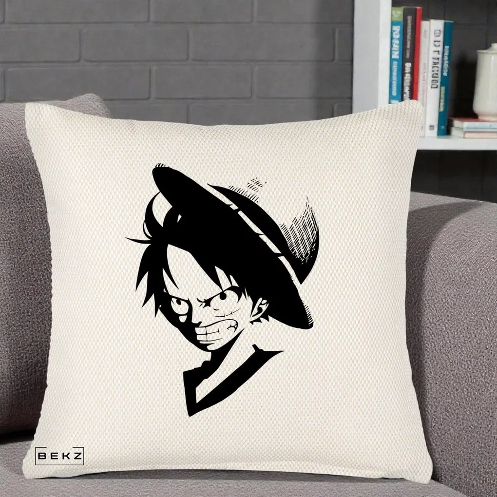Perna Personalizata One Piece Luffy Silueta Alb-Negru, 40x40 cm, Crem Reliefat, Husa Detasabila, Perna Inclusa, BEKZ®