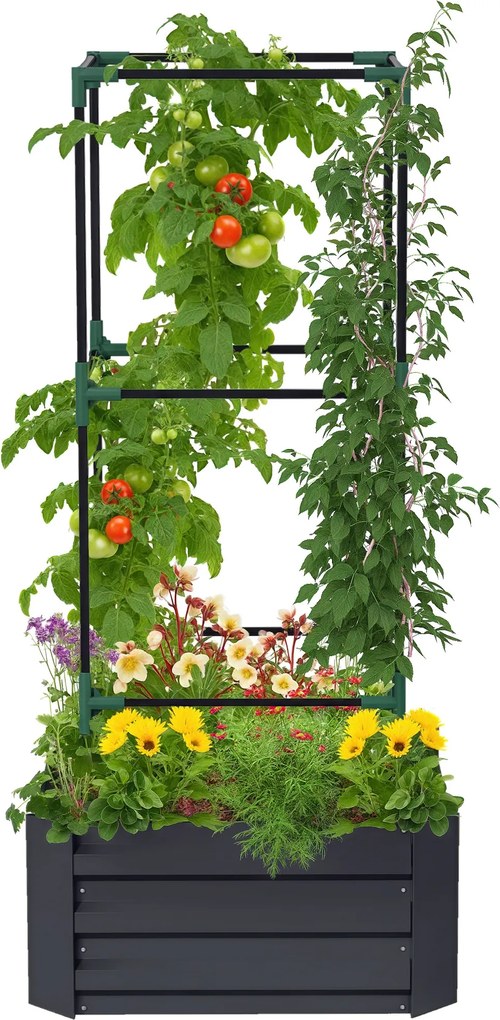 Outsunny Pat înălţat cu spalier cutie de plantare cu suport, fund deschis, rezistent la intemperii, 61 cm x 61 cm x 140 cm, Gri închis | Aosom Romania