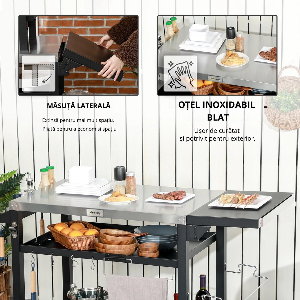 Outsunny Carucior Masa pentru Gratar cu Masa Laterala Pliabila, Blat din Otel Inoxidabil, Carucior Portabil pentru Gratar cu 2 Roti, 6 Carlige