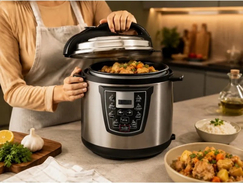 Oala sub presiune Oliver Voltz OV51985K6, 1000 W, 6 L, 90 kPa, Afisaj LED, 8 programe, Inox
