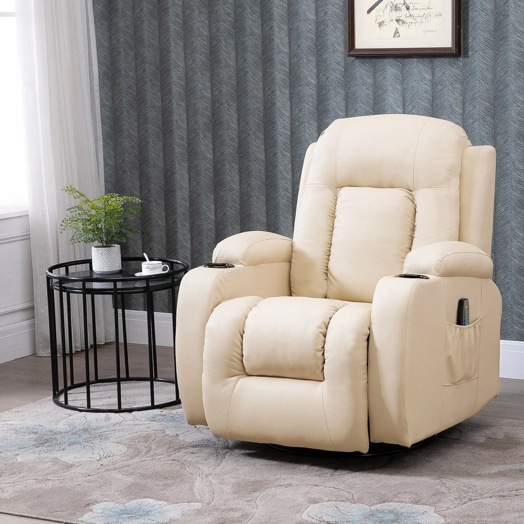 Fotoliu Relax pentru Masaj HOMCOM, Rabatabil, Imitatie de Piele Bej, 8 Puncte de Masaj, 85x94x104cm | Aosom RO
