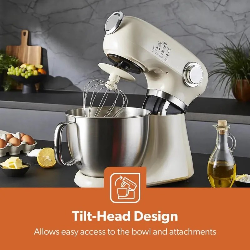 Mixer planetar Swiss Haus SH-KM2005, 1000 W, 5 l, 12 viteze, Pornire treptata, Cap rabatabil, Bol din inox, Crem