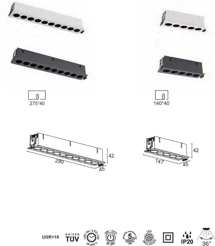 Corp incastrabil cu 5 spoturi LED BLAU negru