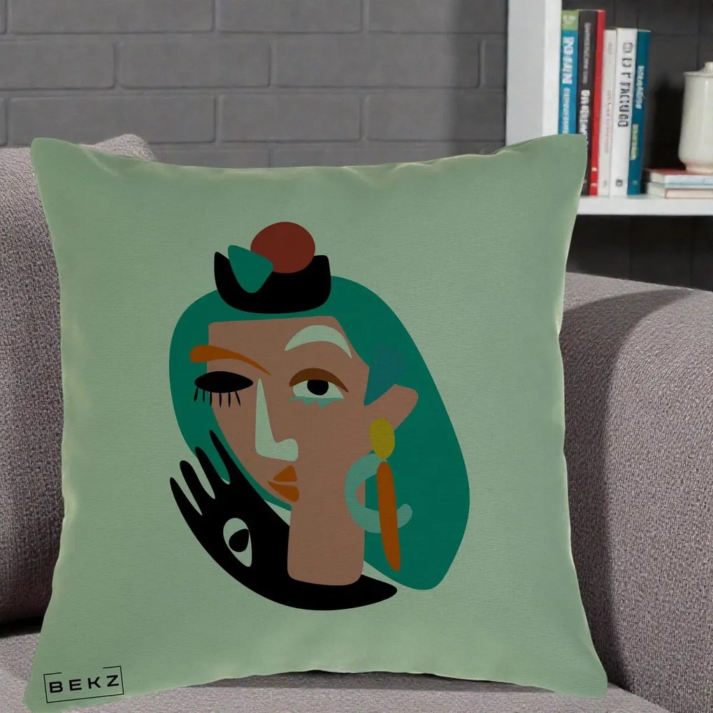 Perna Decorativa Portret Abstract Matisse Turcoaz, 40x40 cm, Verde, Husa Detasabila, Perna Inclusa, BEKZ®