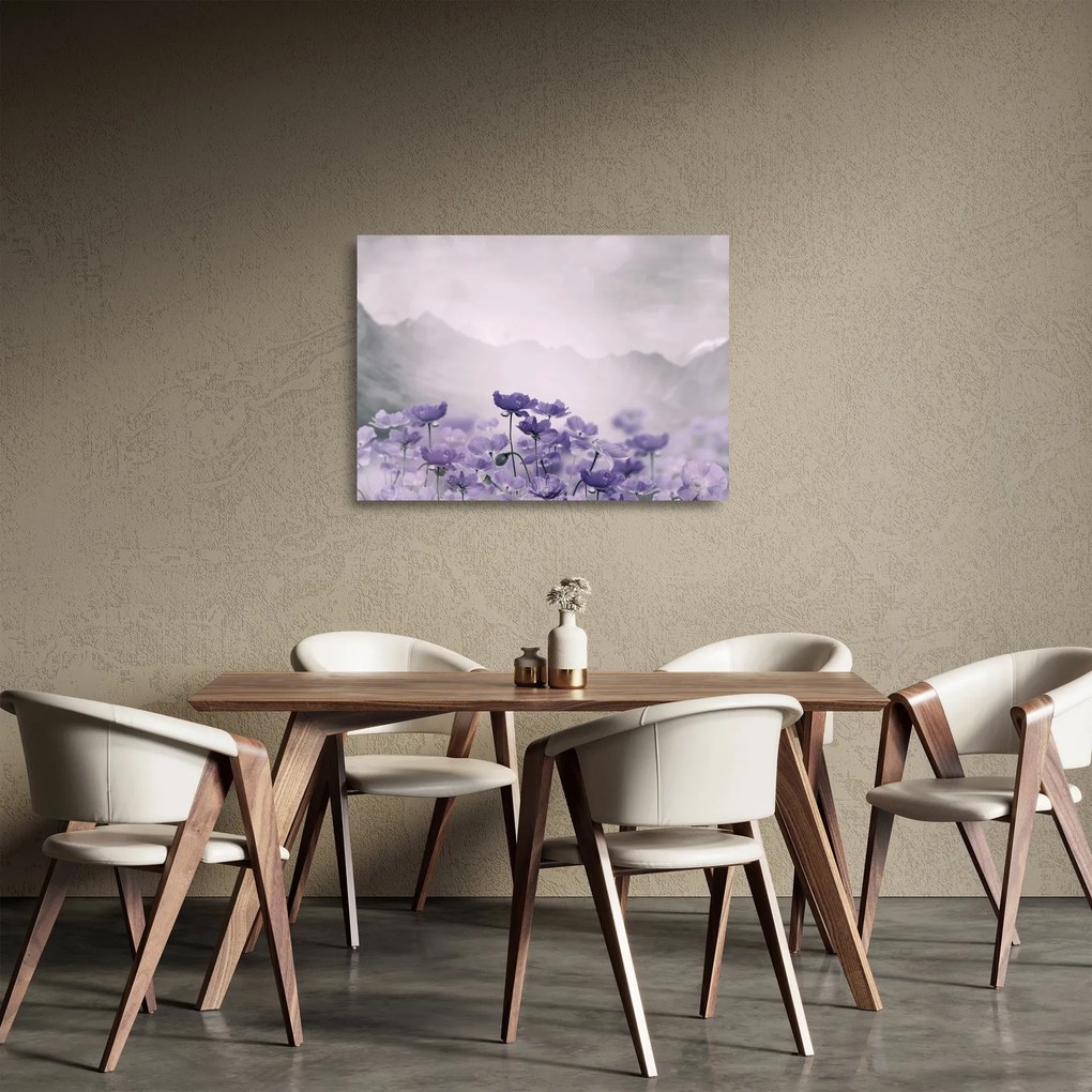 Tablou pe sticlă - Flori mov în munți (70x50 cm)