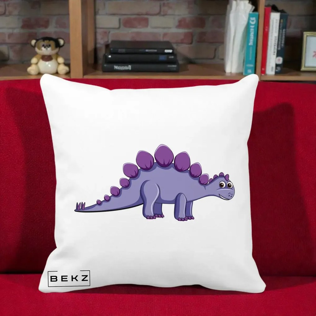 Perna Personalizata Stegozaur Mov, 40x40 cm, Alba Mata, Husa Detasabila, Perna Inclusa, BEKZ®