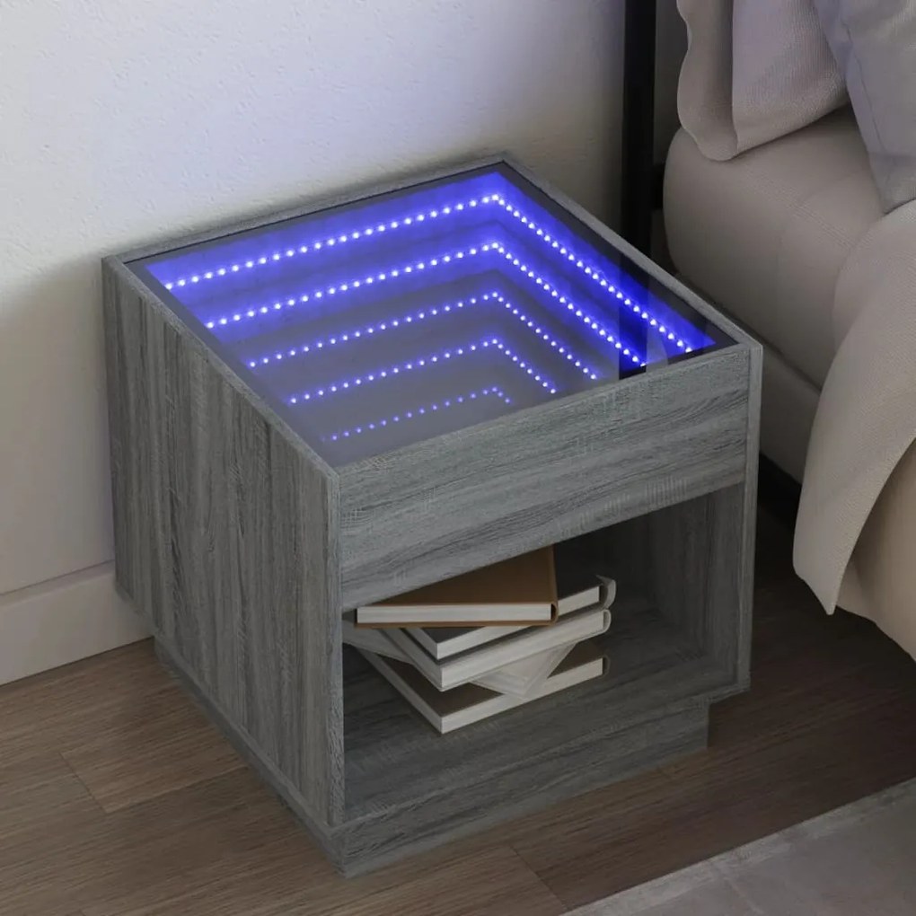 vidaXL Noptieră cu LED infinity, gri sonoma, 50x50x50 cm