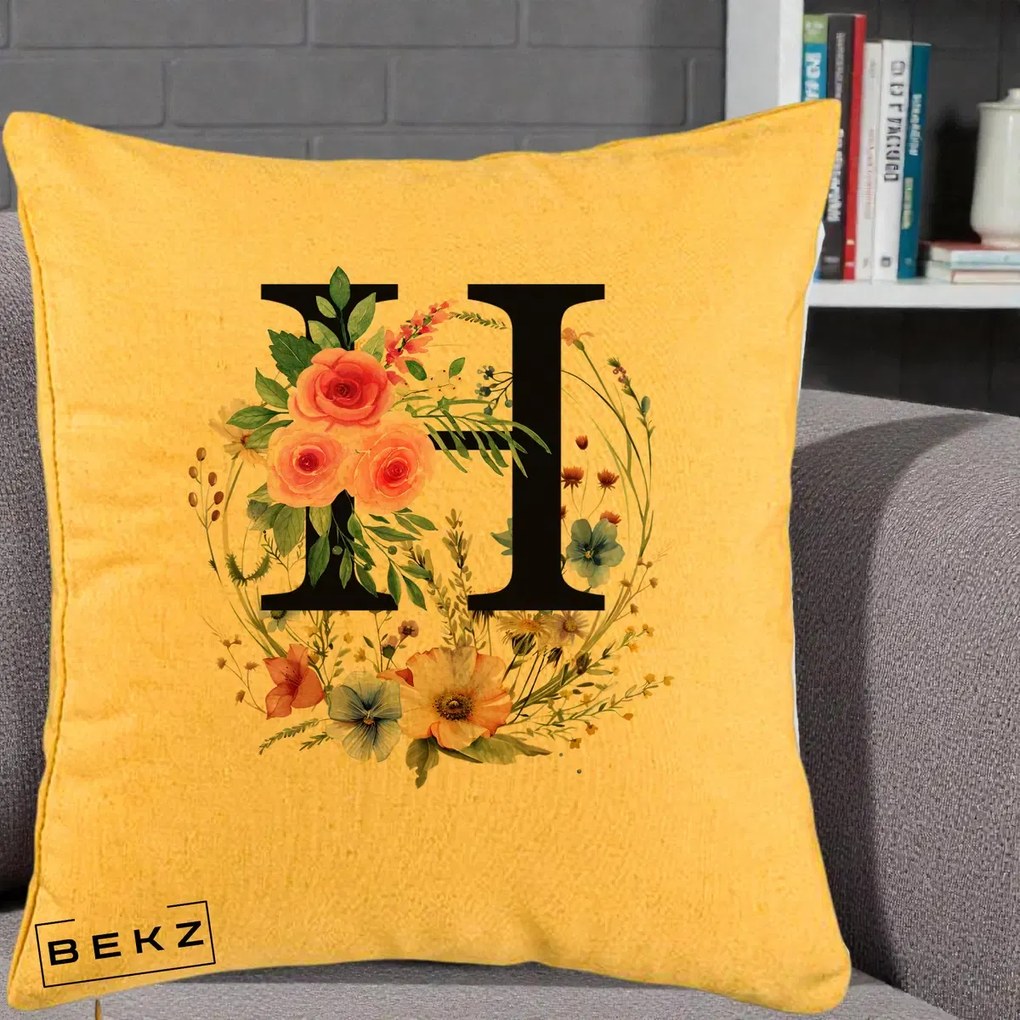 Cadou Personalizat - Perna Personalizata Monogram Litera H cu Flori Acuarela, 40x40 cm, Galben, Husa Detasabila, Perna Inclusa, BEKZ®