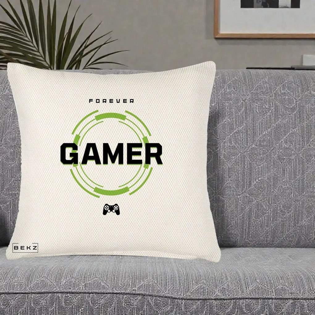 Perna Personalizata Forever Gamer, 40x40 cm, Crem Reliefat, Husa Detasabila, Perna Inclusa, BEKZ®