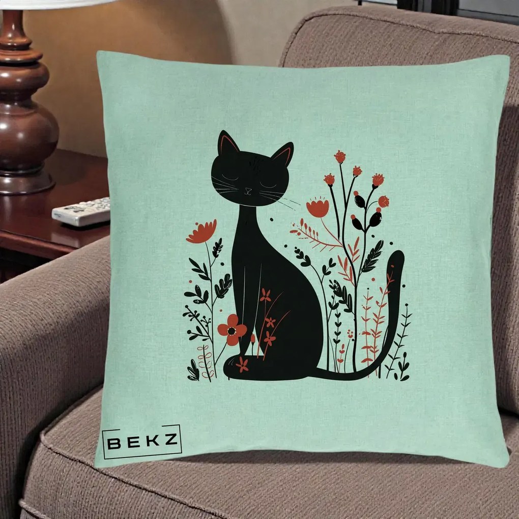 Perna Decorativa Pisica Neagra Flori Rosii Folk Minimal, 40x40 cm, Verde Menta, Husa Detasabila, Perna Inclusa, BEKZ®