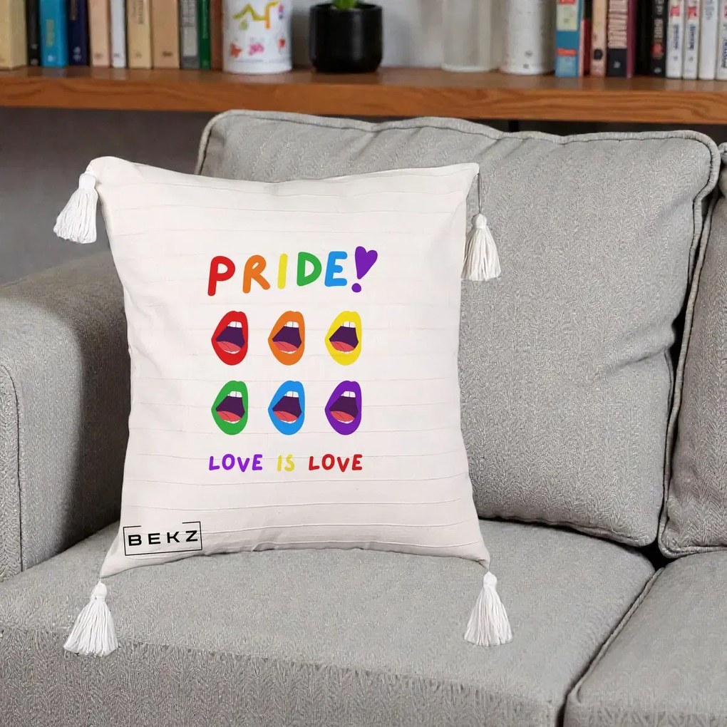 Perna Personalizata Pride Love is Love Curcubeu, 40x40 cm, Bej cu Franjuri, Husa Detasabila, Perna Inclusa, BEKZ®