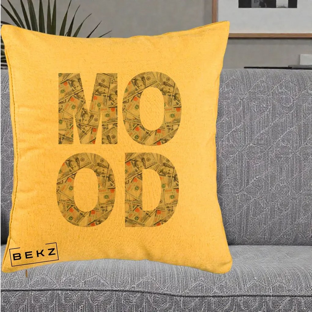 Perna Decorativa MOOD Money Grafic Urban, 40x40 cm, Galben, Husa Detasabila, Perna Inclusa, BEKZ®