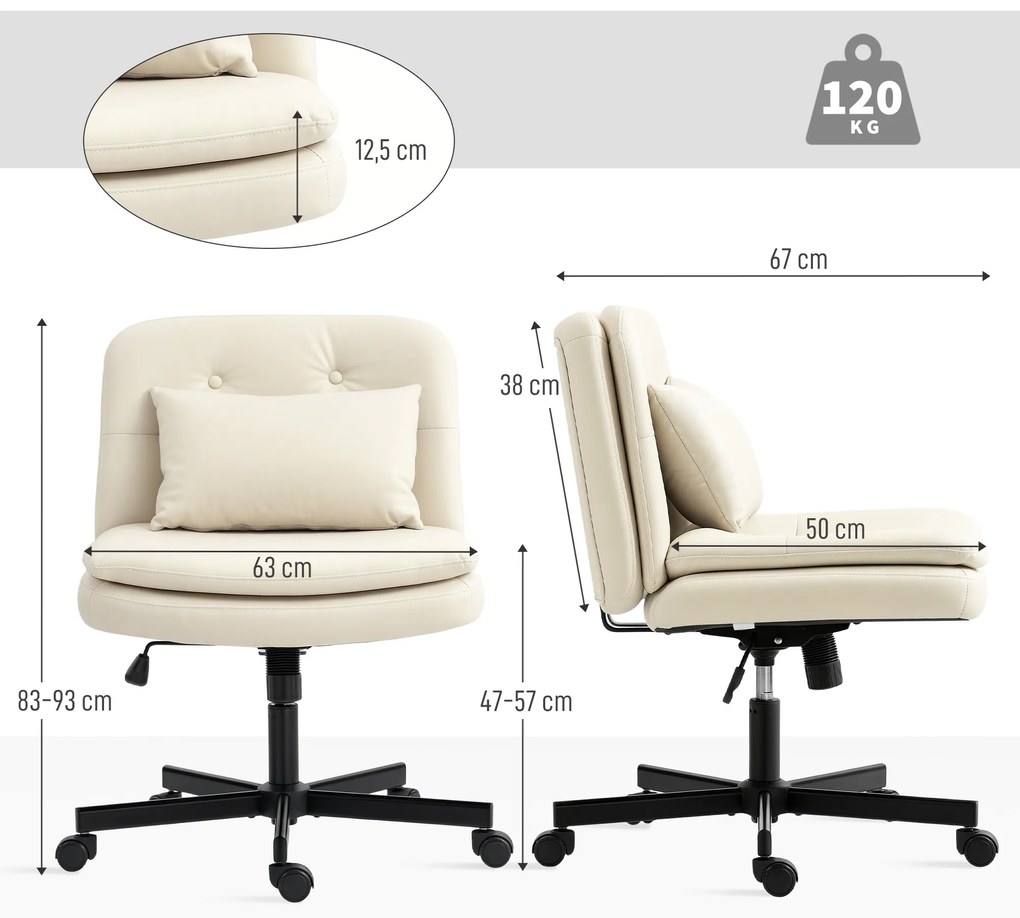 HOMCOM Scaun de birou fără brațe cu piele ecologică, scaun de birou cu roți, pernă suplimentară, reglabil în înălțime, rotativ, bej | Aosom Romania