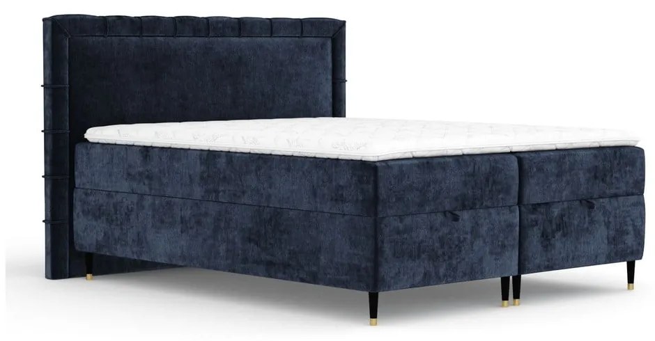 Pat boxspring albastru închis cu spațiu de depozitare 180x200 cm Voyage – Maison de Rêve