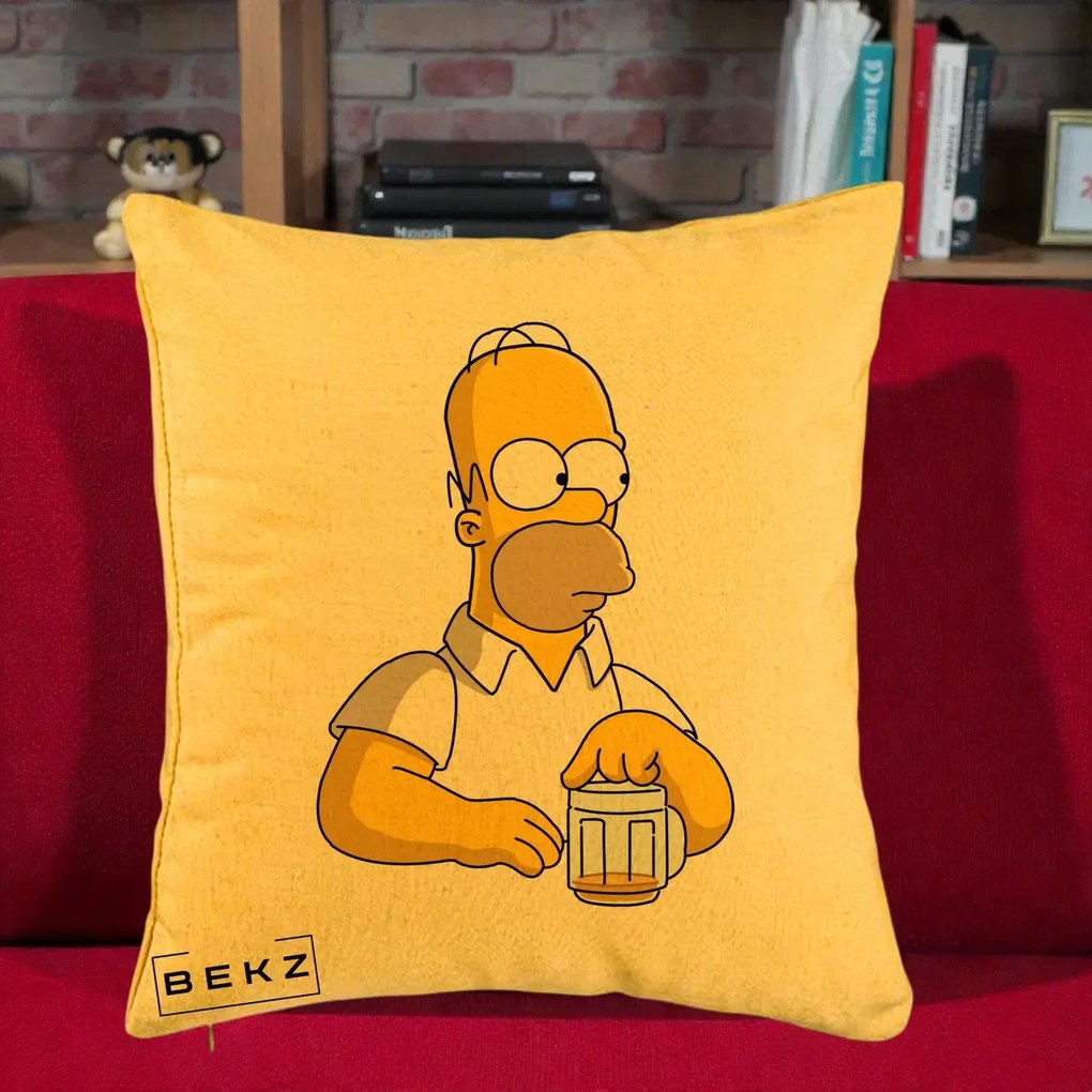 Perna Personalizata Homer Simpson cu Bere, 40x40 cm, Galben, Husa Detasabila, Perna Inclusa, BEKZ®