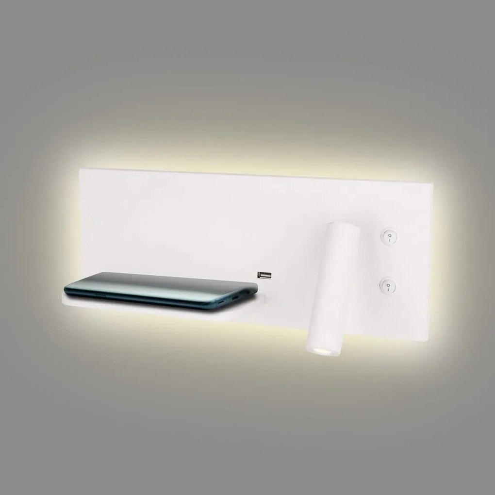 Aplica de perete cu spot LED, lumina ambientala, mufa USB si incarcare wireless, SUPERIOR alb