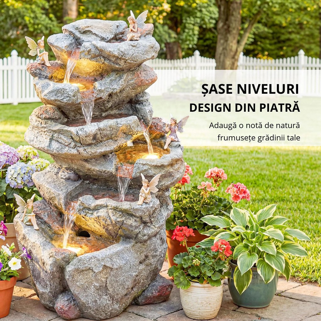 Outsunny Fântână de exterior cu design de rocă în 6 niveluri, cascadă de apă cu lumini LED, debit reglabil, gri | Aosom Romania