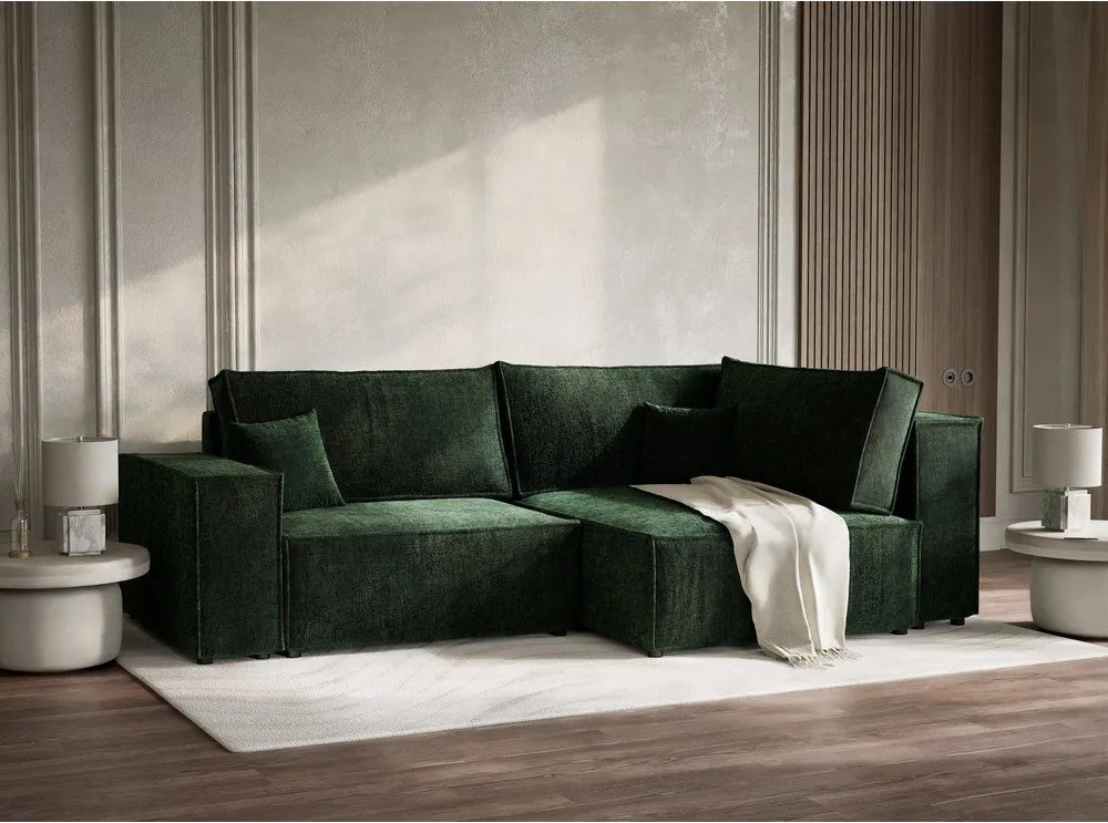 Colțar verde închis extensibil/cu spațiu de depozitare cu tapițerie din chenille (cu colț pe partea dreaptă/în formă de ”L”) Tonga – Maison de Rêve